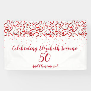 Feestelijke rode lint & Confetti 50ste verjaardags Spandoek