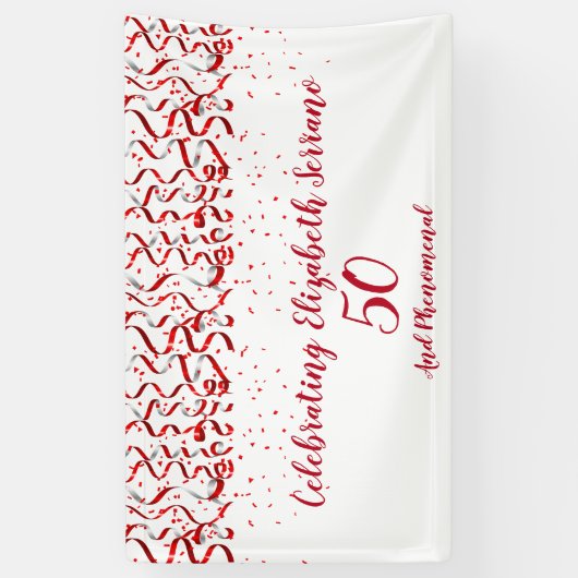 Feestelijke rode lint & Confetti 50ste verjaardags Spandoek (Verticaal)