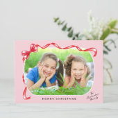 Feestelijke rode lint en boog gebogen foto kerst feestdagenkaart (Staand voorkant)