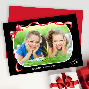 Feestelijke rode lint en boog gebogen foto kerst feestdagenkaart