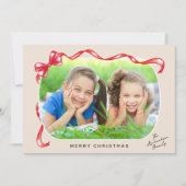 Feestelijke rode lint en boog gebogen foto kerst feestdagenkaart (Voorkant)