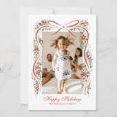 Feestelijke rode lint met poinsettia's en groen feestdagenkaart (Voorkant)