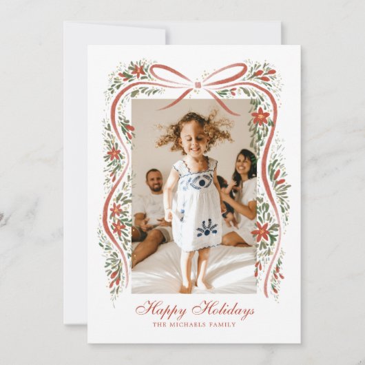 Feestelijke rode lint met poinsettia's en groen feestdagenkaart (Voorkant)