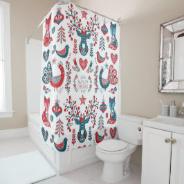 Feestelijke Rode Marine Kerstmis Scandinavische vo Douchegordijn