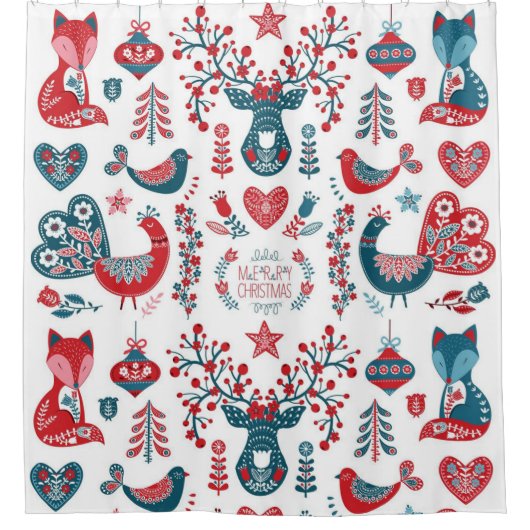 Feestelijke Rode Marine Kerstmis Scandinavische vo Douchegordijn (Voorkant)