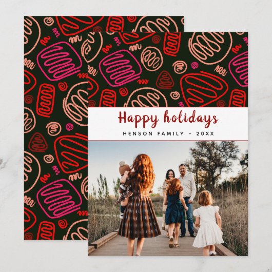 Feestelijke rode one line art Kerstfamiliefoto Feestdagenkaart (Voorkant / Achterkant)