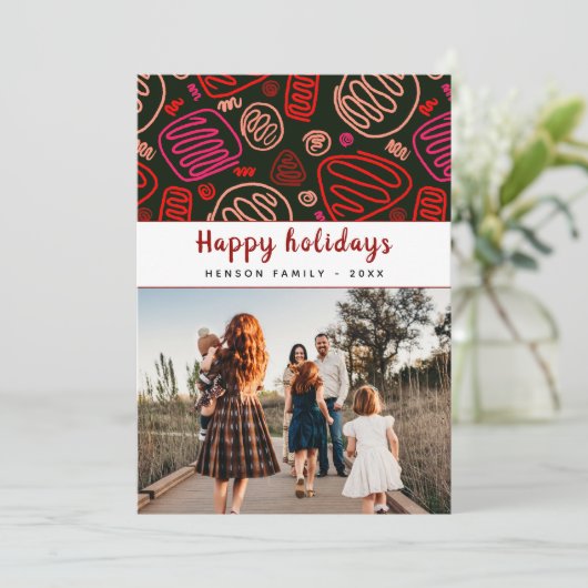 Feestelijke rode one line art Kerstfamiliefoto Feestdagenkaart (Staand voorkant)