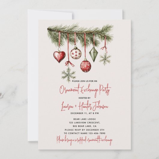 Feestelijke Rode Ornament Exchange Holiday Party Kaart (Voorkant)