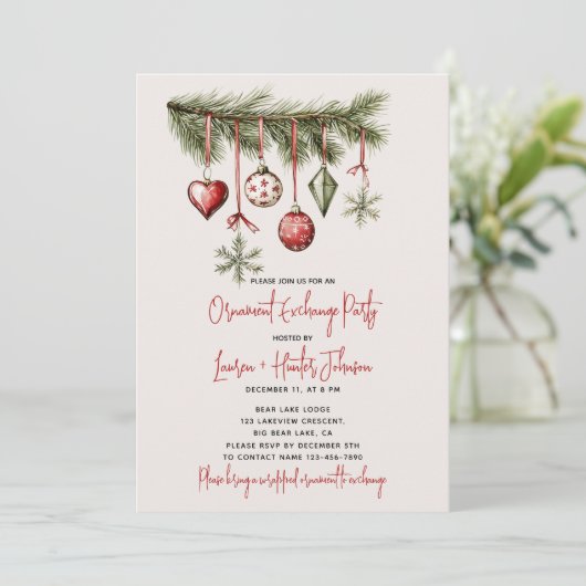 Feestelijke Rode Ornament Exchange Holiday Party Kaart (Staand voorkant)