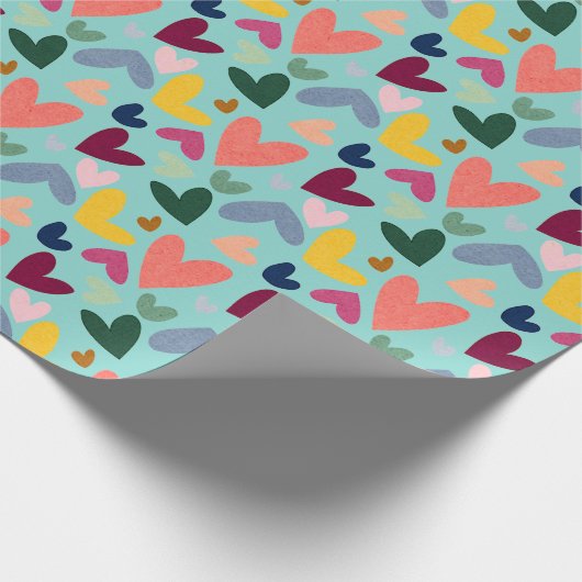 Feestelijke rode perzik blush roze blauw hart patr cadeaupapier (Hoek)