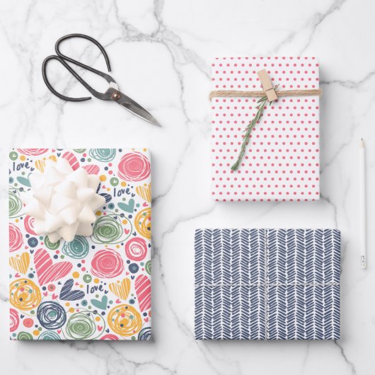 Feestelijke rode perzik blush roze blauw hart patr inpakpapier vel (Voorkant)