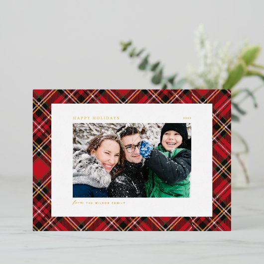 Feestelijke rode plaid patroon foto prettige feest folie feestdagenkaart (Staand Voorkant)