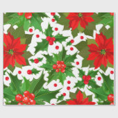 Feestelijke Rode Poinsettia Bloem & Kerst Holly Cadeaupapier (Vlak)