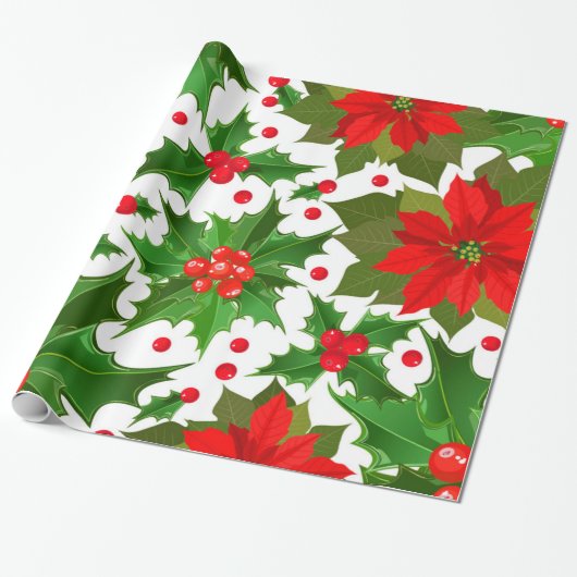Feestelijke Rode Poinsettia Bloem & Kerst Holly Cadeaupapier (Uitgerold)