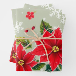 Feestelijke rode poinsettia en sneeuwvlok inpakpapier vel