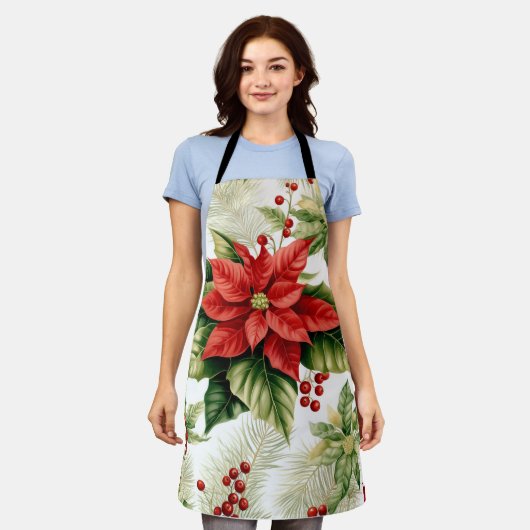 Feestelijke rode poinsettia Holly Berry Kerstmis Schort (Gedragen)