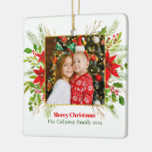 Feestelijke Rode Poinsettia Kerst Kinder Foto Keramisch Ornament (Links)