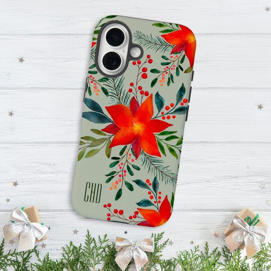 Feestelijke rode poinsettia kerstbloem monogram Case-Mate iPhone case