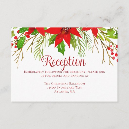 Feestelijke rode poinsettia kerstbruiloft receptie informatiekaartje (Voorkant)