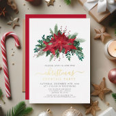 Feestelijke rode poinsettia kerstcocktail party folie uitnodiging