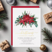 Feestelijke rode poinsettia kerstcocktail party folie uitnodiging