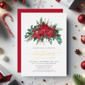 Feestelijke rode poinsettia kerstcocktail party folie uitnodiging