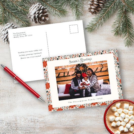 Feestelijke rode Poinsettia Vakantiefoto Briefkaar Feestdagenkaart