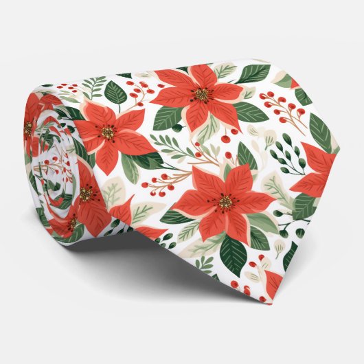 Feestelijke Rode Poinsettia's Stropdas (Opgerold)