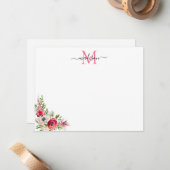 Feestelijke Rode Roze Bloemige Kerst Feestdag Mono Notitiekaartje (Voorkant / Achterkant in situ)