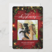 Feestelijke rode rustieke kerstfoto feestdagenkaart (Voorkant)