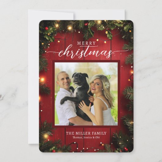 Feestelijke rode rustieke kerstfoto feestdagenkaart (Voorkant)