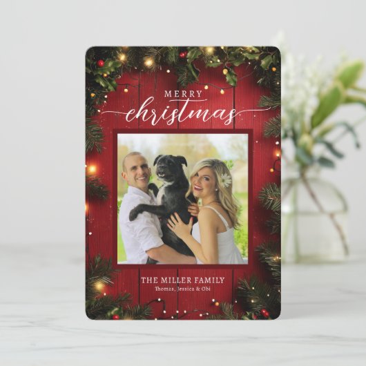 Feestelijke rode rustieke kerstfoto feestdagenkaart (Staand voorkant)