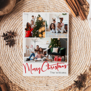 Feestelijke rode Scrip Verticaal 3 Foto Kerstmis Feestdagenkaart
