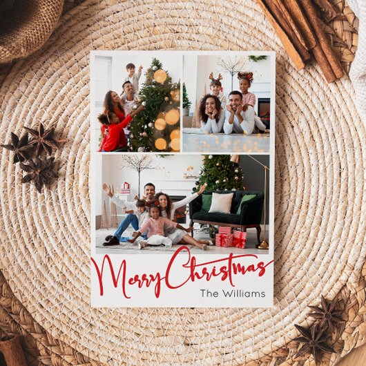 Feestelijke rode Scrip Verticaal 3 Foto Kerstmis Feestdagenkaart