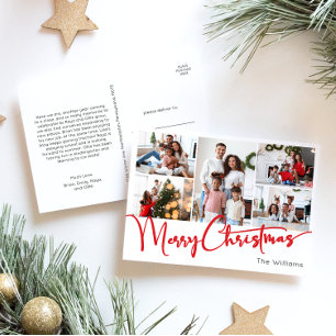 Feestelijke rode script Vrolijke Kerstmis vijf fot Feestdagenkaart