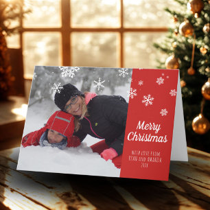 Feestelijke Rode Sneeuwvlok Kerstmis Foto Feestdagen Kaart