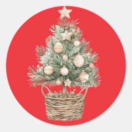 Feestelijke rode Sticker met rustieke kerstboom