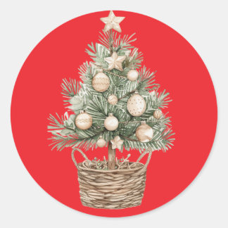 Feestelijke rode Sticker met rustieke kerstboom