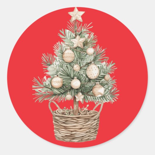 Feestelijke rode Sticker met rustieke kerstboom (Voorkant)