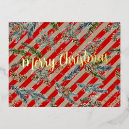 Feestelijke Rode Streep Pine Spruce Kegels Kraft V Folie Feestdagen Briefkaart