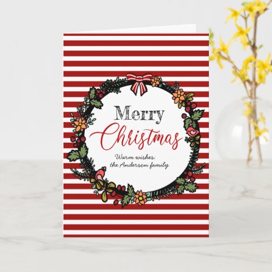 Feestelijke rode strepen hulstkrans vrolijk kerstf kaart (Gele Bloem)