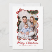 Feestelijke rode strik lint kerstfoto feestdagenkaart (Voorkant)