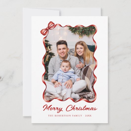 Feestelijke rode strik lint kerstfoto feestdagenkaart (Voorkant)