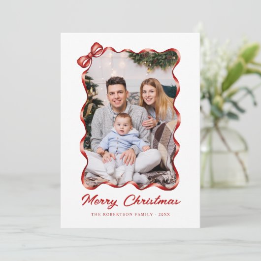 Feestelijke rode strik lint kerstfoto feestdagenkaart (Staand voorkant)