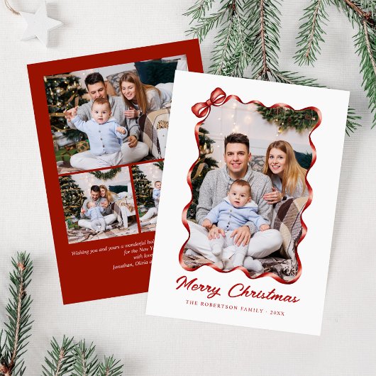 Feestelijke rode strik lint kerstfoto feestdagenkaart