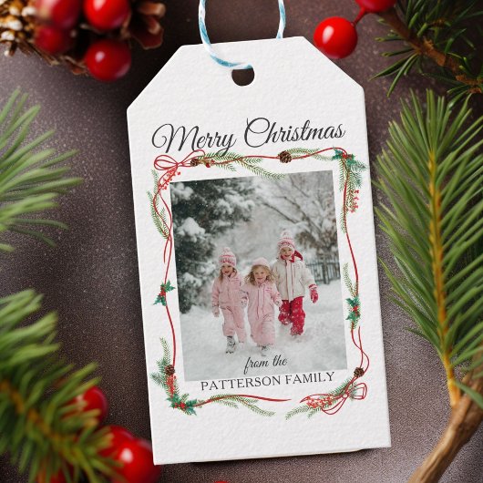 Feestelijke Rode Strik Rand -1 Foto Witte Kerstmis Cadeaulabel