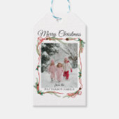 Feestelijke Rode Strik Rand -1 Foto Witte Kerstmis Cadeaulabel (Voorkant)