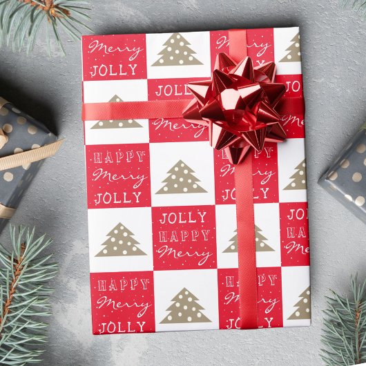 Feestelijke Rode Typografie Kerstboom Cadeaupapier