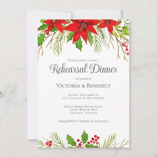 Feestelijke rode vakantie bloemenrepetitie diner kaart (Voorkant)