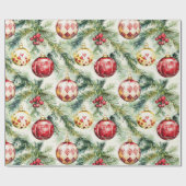 Feestelijke rode vintage kerst Ornamenten Cadeaupapier (Vlak)